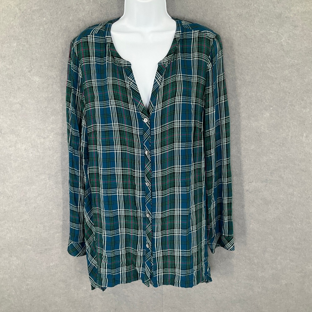 J.Jill Top Womens Sz L Plaid Button Up Shirt Long Sleeve Green Blue Lightweight‎